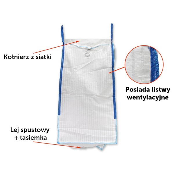 Worek BIG BAG 1000kg wentylowany 95 x 95 x 180 4 uchwyty Kołnierz Lej spustowy Tasiemka TEGER