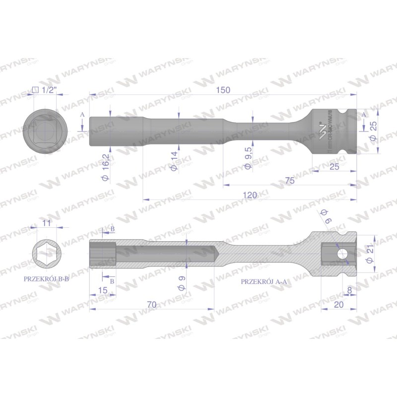 Nasadka udarowa 1 2 , sześciokątna slim przelotowa ze stali CrMo 11mm długość 150 mm, stosowane w mechanice do