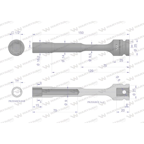 Nasadka udarowa 1 2 , sześciokątna slim przelotowa ze stali CrMo 11mm długość 150 mm, stosowane w mechanice do