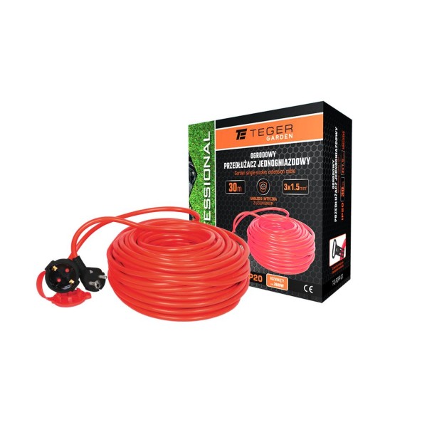 Przedłużacz jednogniazdowy, ogrodowy PROFESSIONAL, 3X1,5mm, IP20, H05VV-F, z uziemieniem, cert CE 30M, Teger
