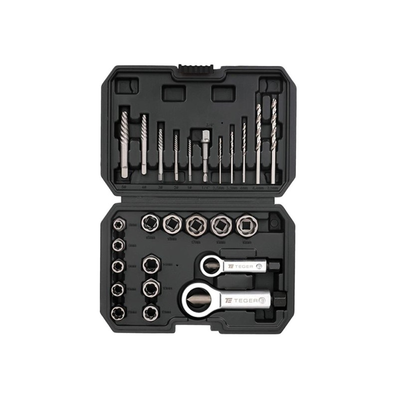 Zestaw wykrętaków i nasadek do uszkodzonych śrub, nakrętek i szpilek 26 szt - kute stal Cr-Mo, Teger